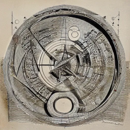 Image similar to artistic painting of astronomical armillary rings, engraved symbols