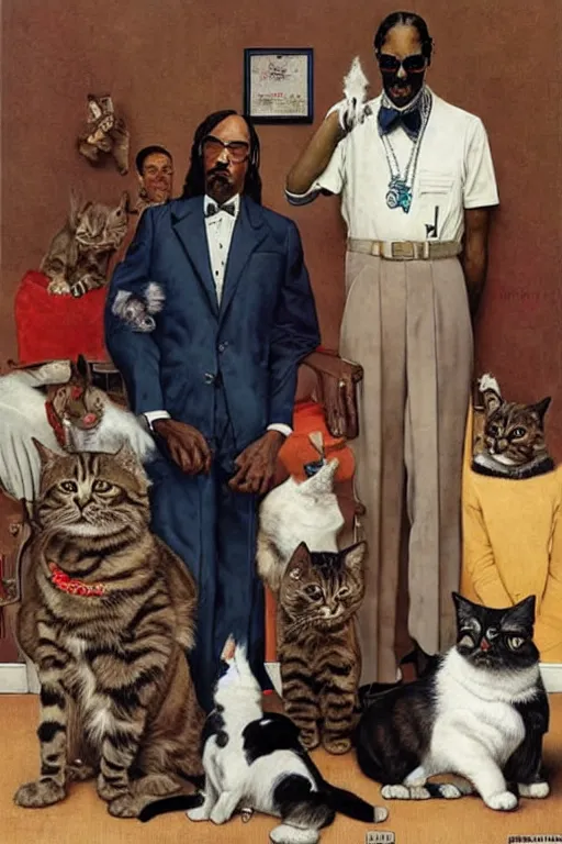 Image similar to snoop dogg and his cats painted by Norman Rockwell