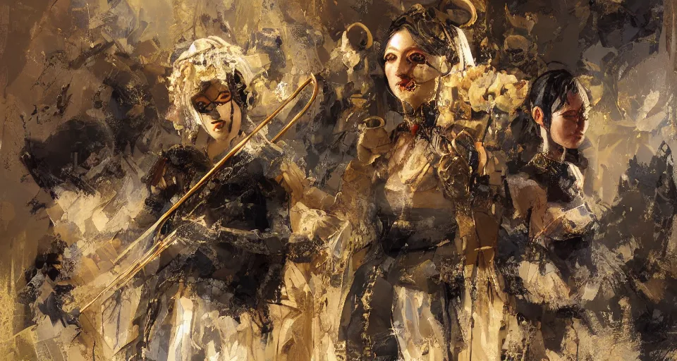 Image similar to craig mullins and ghibli digital art of on the stage, one masked female violinists ， exotic costumes, gold jewelry, black hair, realistic shading, cinematic composition, realistic render, octane render, detailed textures, photorealistic, wide shot