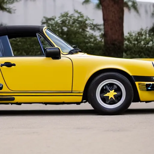 Prompt: an attractive young women reclining on a yellow 1 9 8 5 porsche 9 1 1 turbo, photo 4 k