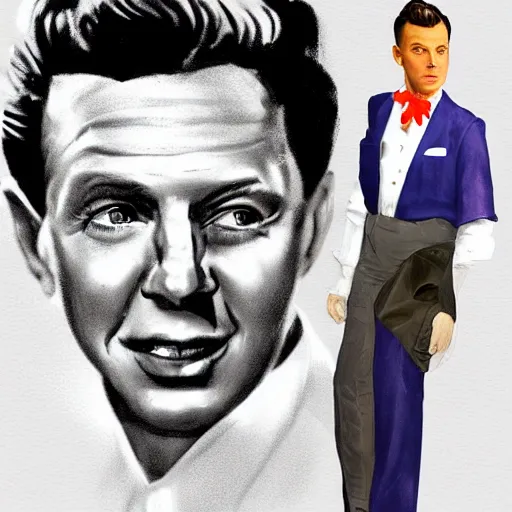 Image similar to perfect composition, subdued color palette, award-winning concept art, detailed digital painting, airbrushed, low contrast: costume design for young Frank Sinatra as a poor 1950s bartender. Volumetric cinematic lighting, great attention to perfect anatomy, special attention to posing, great attention to realistic facial expression, faithful cinematic color scheme, perfectly coherent. In the style of: Greg Rutkowski, Francis Bacon, Syd Mead, Norman Rockwell, Beksinski, Edward Hopper, James Gilleard, Ilya Kuyshinov, WLOP, Stanley Artgerm, Takato Yamamoto, and James Jean.