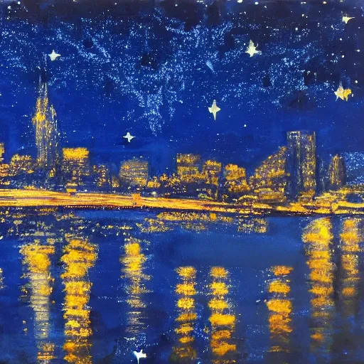 Image similar to night scene of a city. The darkness of the night is illuminated by artificial lighting. The sky is painted with cobalt blue, and shimmers with the light of stars.