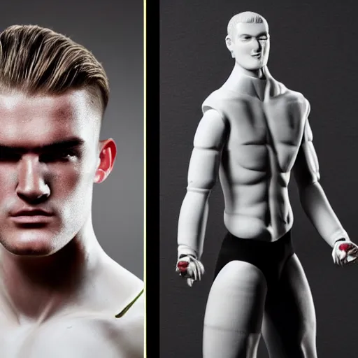 Image similar to a realistic detailed photo of a guy who is an attractive humanoid who is half robot and half humanoid, who is a male android, soccer player matthjis de ligt, shiny skin, posing like a statue, blank stare, in a living room, on display, showing off his muscles