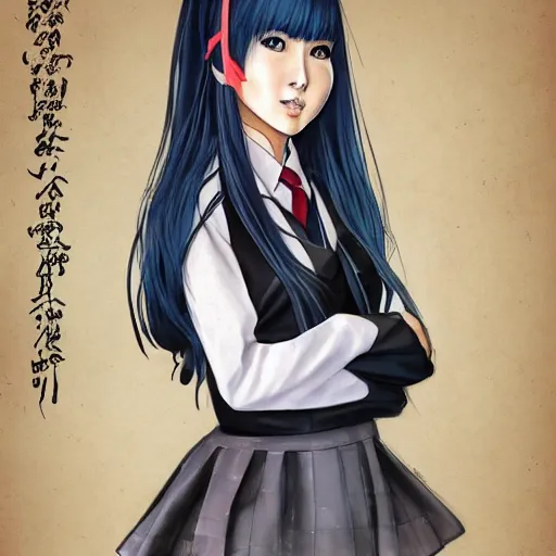 Prompt: a perfect, realistic professional digital sketch of a Japanese schoolgirl in style of Marvel, full length, by pen and watercolor, by a professional Serbian artist on ArtStation, on high-quality paper