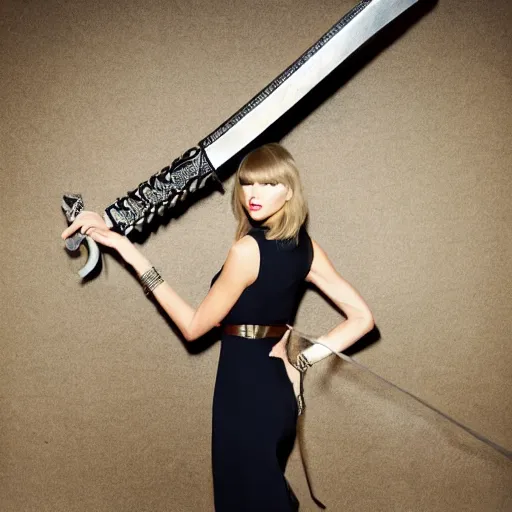 Prompt: taylor swift posing holding a giant sword, high quality studio photograph