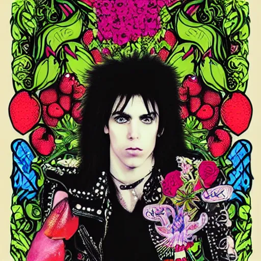 Prompt: fantasy portrait of a straightedge punk teenager with glam rock hairdo composed of fruit and flowers, intricate, decorative, homoerotic, silkscreen poster, xerox flyer, punk style,