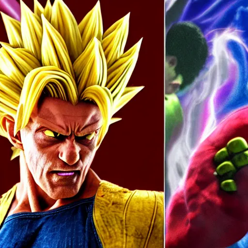 Image similar to Photo realistic live action Super Saiyan Frank Zappa vs Majin Nickacado Avacado WWE takedown ray traced 8K anti-aliased highly detailed cinematic render award winning photography