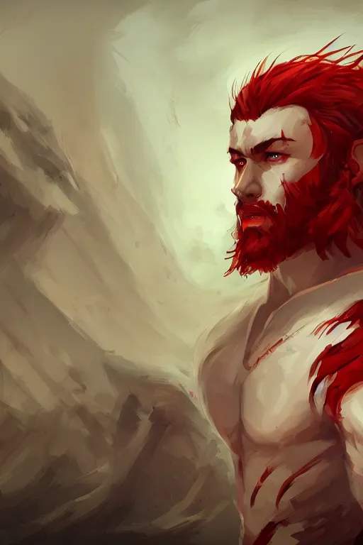 Prompt: A handsome man with a blood red hair in the style of risk of rain, white eyes, fantasy, portrait, sharp focus, intricate, elegant, digital painting, artstation, matte, highly detailed, concept art, illustration, ambient lighting