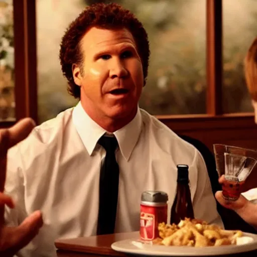 Image similar to scene from a movie that looks like a drama but it's a laugh hard comedy, will ferrell becoming addicted to spicy chicken wings, shot by darren aronofsky, 4 k