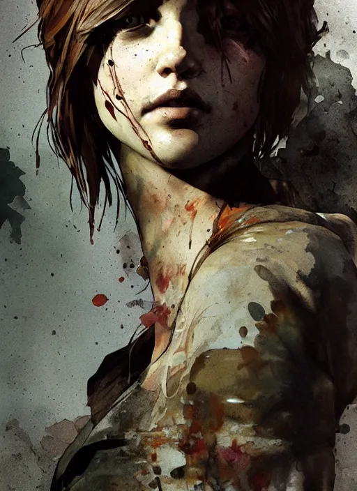 Image similar to full figure elle from last of us, hyperrealistic, by yoji shinkawa and by jeremy mann and alphonse mucha, fantasy art, photo realistic, dynamic lighting, artstation, poster, volumetric lighting, very detailed face, 4 k, award winning