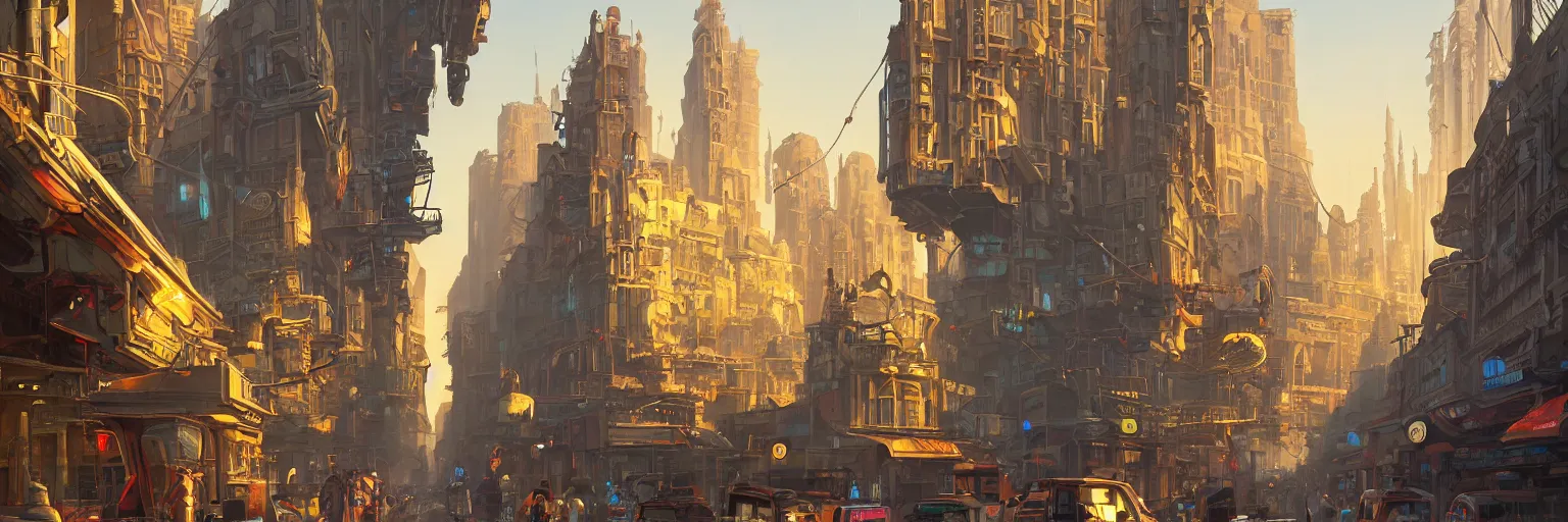 Image similar to an street level painting with high detail, ground level, sci - fi colorful victorian megacity at golden hour with sharp shadows by tyler edlin and sparth, 4 k, vray, art nouveau influences. roger deakins, cinematic cinematography.