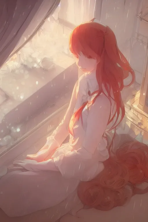 Image similar to a girl in a maid's outfit in the bedroom a night, raining outside the window, orange theme, wavy white long hair, by krenz cushart and mucha and akihito yoshida and greg rutkowski and makoto shinkai, 4 k resolution