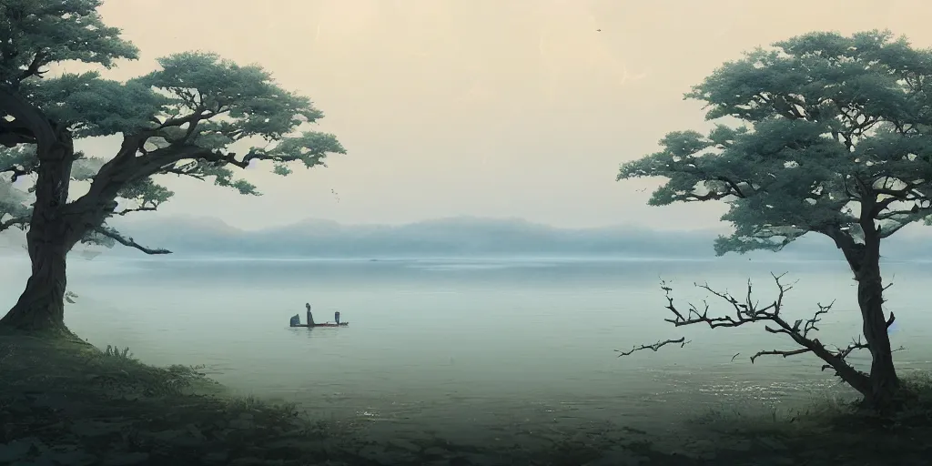 Image similar to vanishing point a single sakura tree upon a lake, viewed from afar, stephen bliss, mist, unreal engine, fantasy art by greg rutkowski, loish, rhads, ferdinand knab, makoto shinkai and lois van baarle, ilya kuvshinov, rossdraws, tom bagshaw, global illumination, radiant light, minimalist, detailed and intricate environment