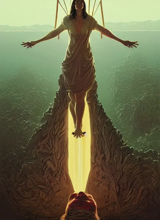 Image similar to poster artwork by Michael Whelan and Tomer Hanuka, Karol Bak of religious Emma Watson nightmare of the crucifixion, from scene from Twin Peaks, clean