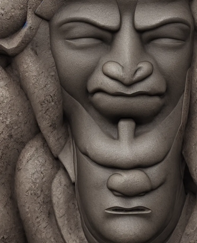 Image similar to ancient japanese, oni iron statue, bust portrait body, kamakura period, hyper realistic, texture details, high fidelity, like arsen asyrankulov, octane render,