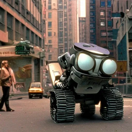 Prompt: taller older Wall-E in New York street, epic 1986 cinematic still