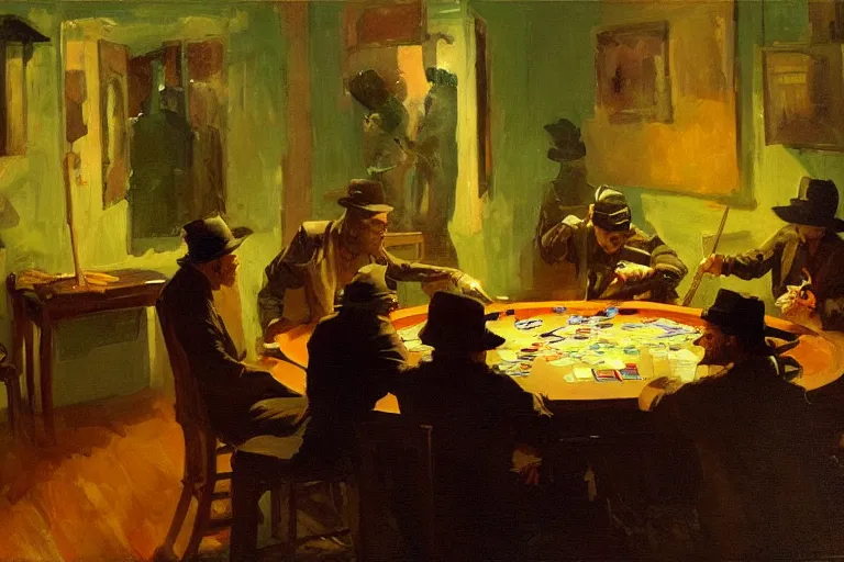 Image similar to ninjas playing poker, inside a tiny green room with red lights by joaquin sorolla, greg rutkowski, bill sienckiwicz, extremely detailed