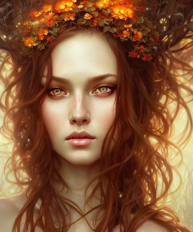 Image similar to Forest nymph woman portrait, amber eyes, face, long hair, fantasy, intricate, elegant, highly detailed, digital painting, artstation, concept art, smooth, sharp focus, illustration, art by artgerm and greg rutkowski and alphonse mucha