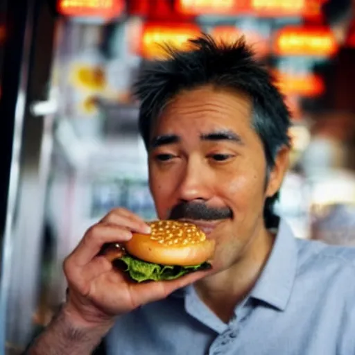 Image similar to Satoshi Nakamoto eating a cheeseburger, photo realistic, award-winning, highly-detailed, epic, cinematic, dramatic