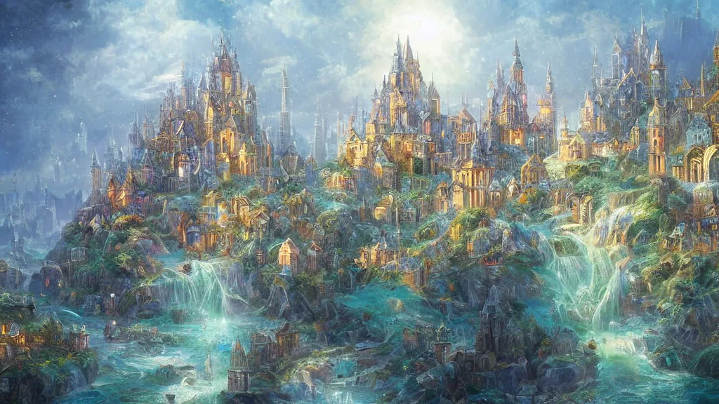 Image similar to fantasy floating city made of crystals sapphires jade and crystals, medieval, cinematic, architecture visualisation, academic painting, oil, landscaoe