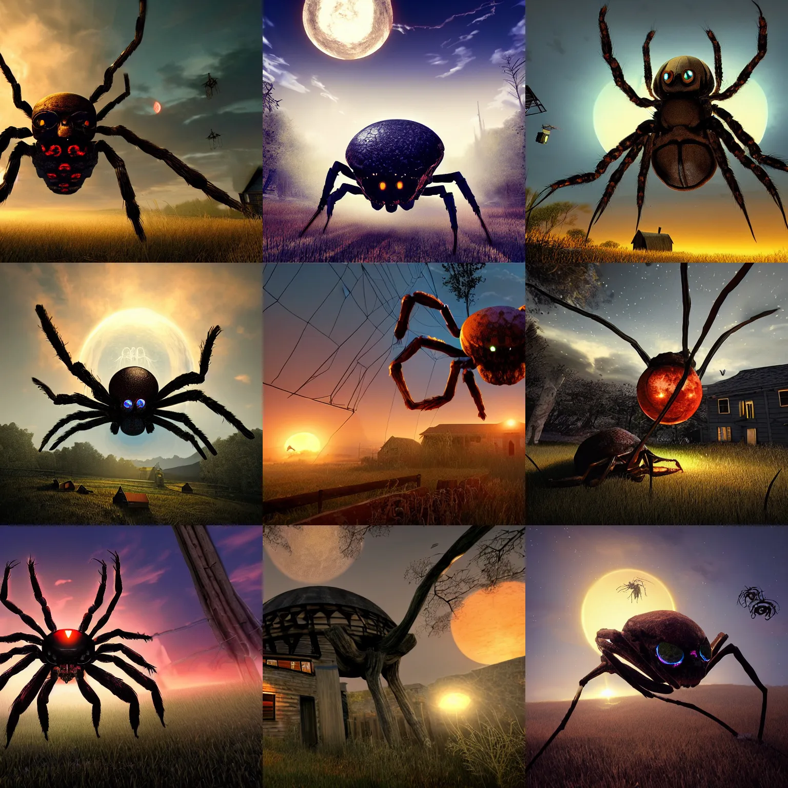 Prompt: giant spider skull with glowing eyes, hovering over a farmhouse at dusk, PC boxart