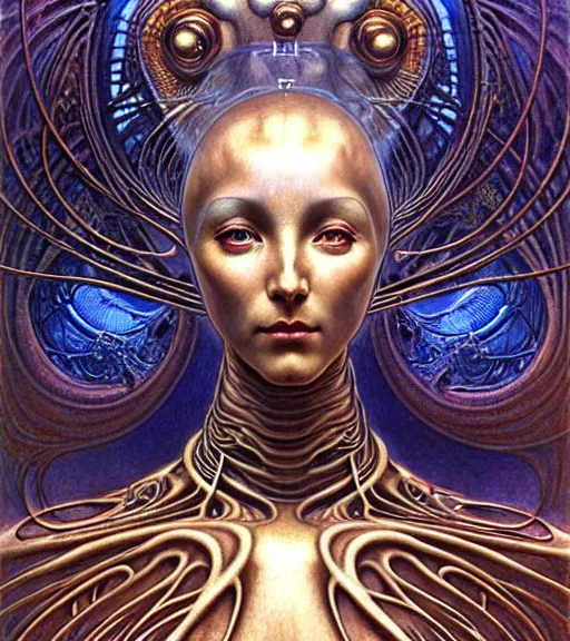 Image similar to detailed realistic beautiful young cher alien robot as queen of mars portrait by jean delville, gustave dore and marco mazzoni, art nouveau, symbolist, visionary, fractal baroque. horizontal symmetry by zdzisław beksinski, iris van herpen, raymond swanland and alphonse mucha. highly detailed, hyper - real, beautiful