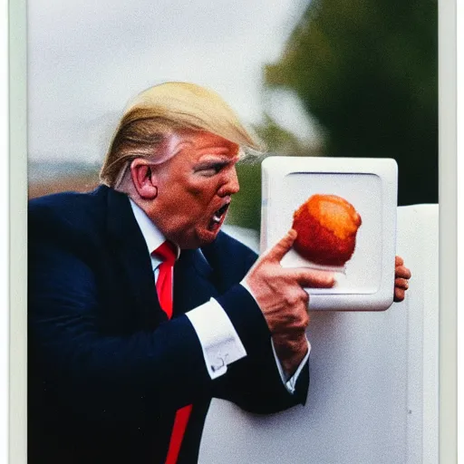 Image similar to Trump throwing fridge on Vladimir Putin, realistic photo, 50mm, polaroid