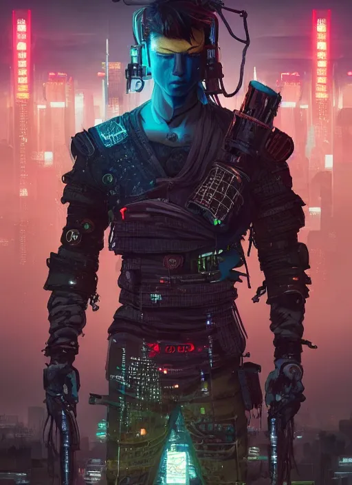 Image similar to excellent quality full body painting of a cyberpunk samurai with a cyberpunk city night background, 4k, trending on artstation, octane render, art by artgerm and greg rutkowski and alphonse mucha and craig mullins and James Jean and Andrei Riabovitchev and Marc Simonetti and peter mohrbacher