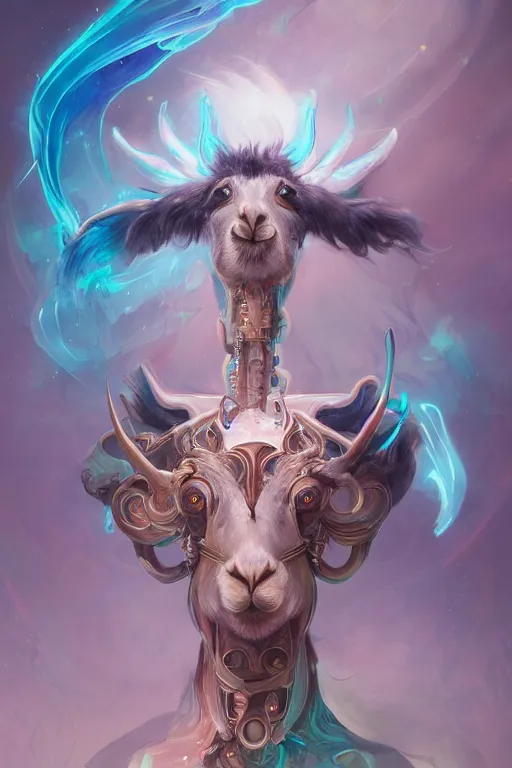 Image similar to portrait of a beautiful supernatural llama as a biomechanical emanation, by pete mohrbacher and artgerm and wlop, digital art, highly detailed, intricate, fantasy, mystical, sharp focus, Trending on Artstation HQ, deviantart, unreal engine 5, 4K UHD image