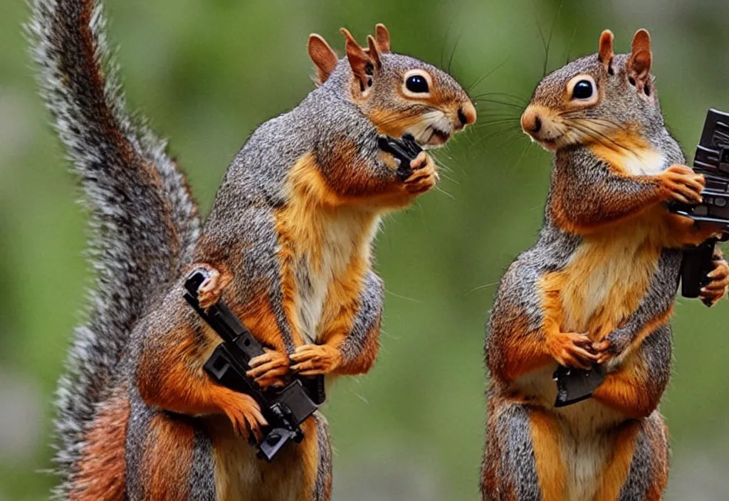 Image similar to genetically modified squirrels with guns hold a bank hostage