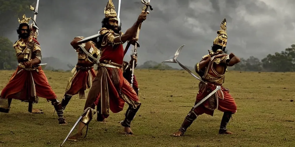 Image similar to sri lankan warriors with swords, film still, epic shot cinematography, rule of thirds, fantasy movie style