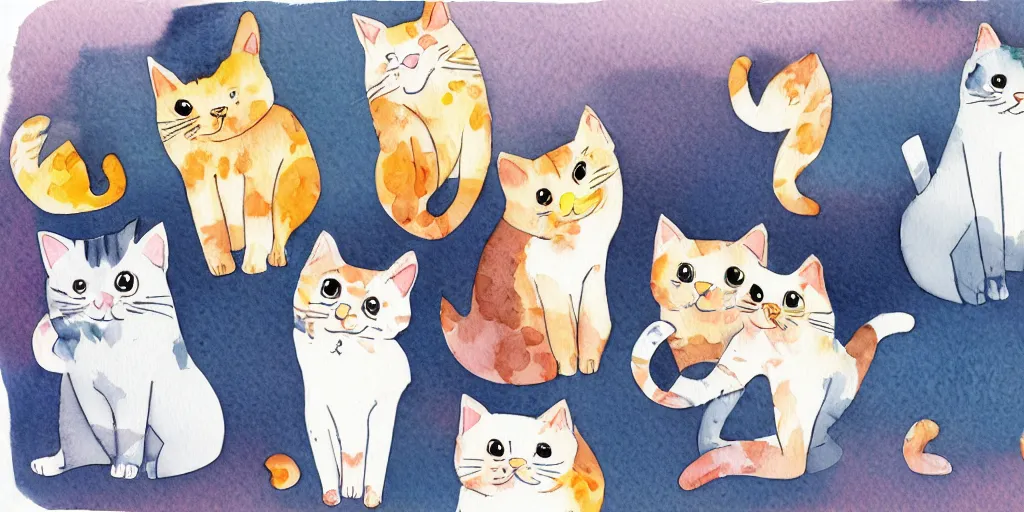 Prompt: watercolor illustration style, cute! cats! training in the fitness studio