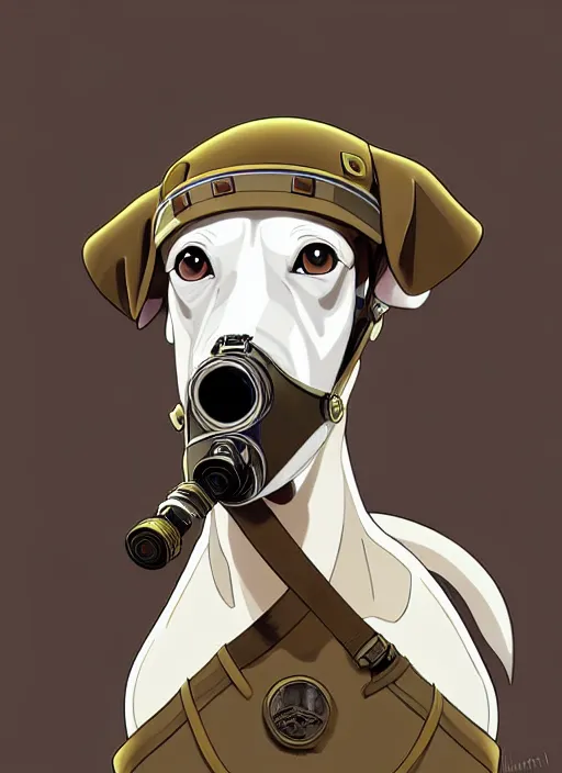 Image similar to intelligent white brown greyhound wearing gas mask, natural lighting, path traced, highly detailed, high quality, digital painting, by don bluth and ross tran and studio ghibli and alphonse mucha, artgerm