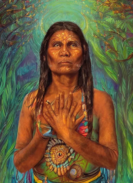 Image similar to a beautiful painting of an indigenous mother with open arms, facing camera, full body, matte painting, fantasy art, ayahuasca, highly detailed