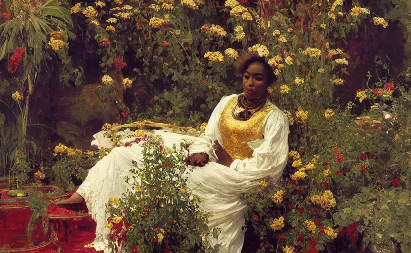 Image similar to high quality high detail painting by ilya repin, black woman in a white room with many plants, intricate costume design, orientalist, partially gold, ornate, elite, luxury, hd