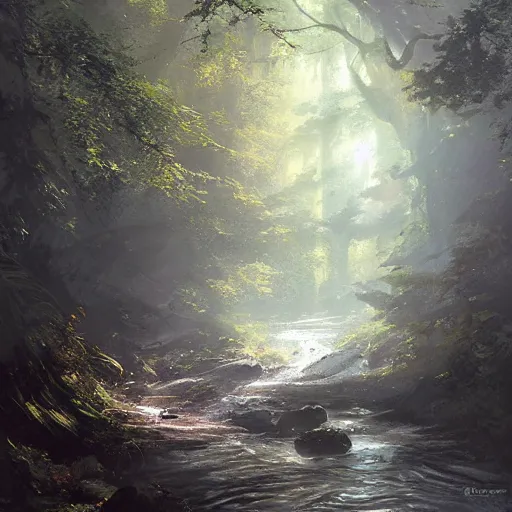 Image similar to a winding river through a dense forest, sunlight filtering through the leaves, by greg rutkowski