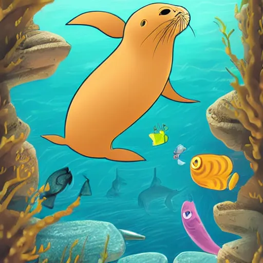 Prompt: illustration for a story that reads : he may look a little grumpy, but this sleek sea lion is a doctor in a hurry. he has to save all the seals, before they get too sick to heal., colorful, fantasy, pixar, childrens book cover, high detail illustration, sharp high detail, manga and anime ( 2 ) - s 5 0