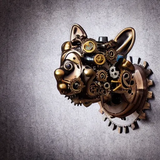 Image similar to steampunk mechanical cat head, bronze, gears, on a wooden table