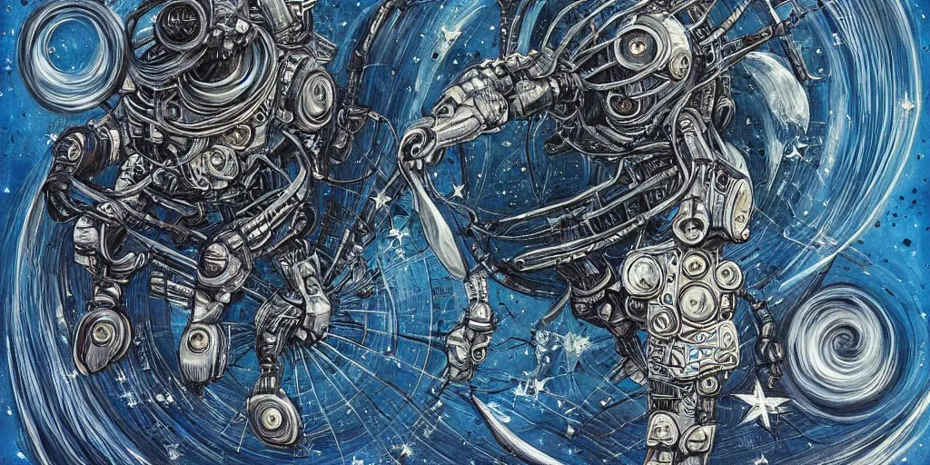 Image similar to a beautiful painting of robot by aaron horkey, trending on artstation blue with stars background