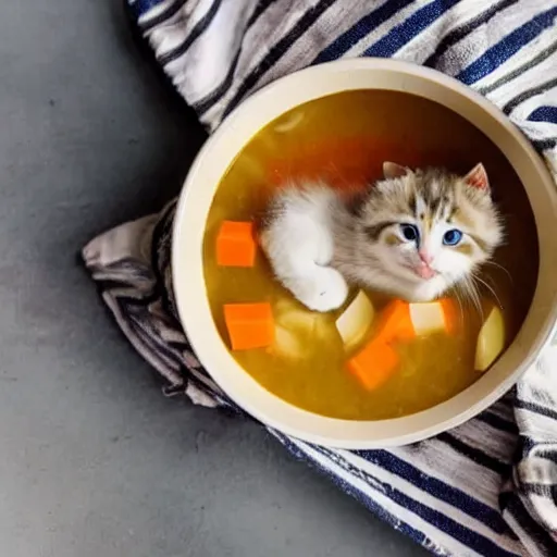 Image similar to a boat inside of a bowl of soup, being sailed by a baby kitten