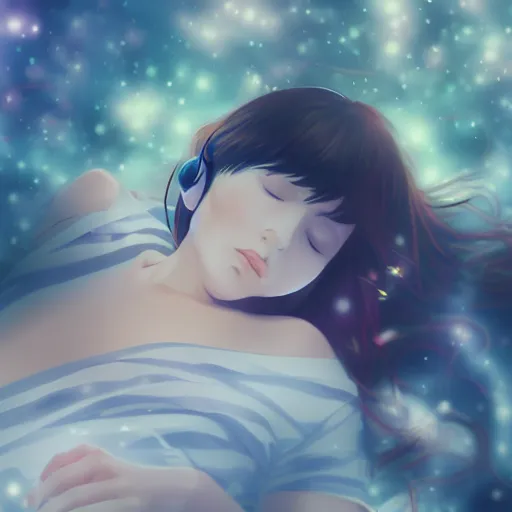 Prompt: girl listening to music at 1 am falling asleep, digital art, anime, kyoto animation key visual