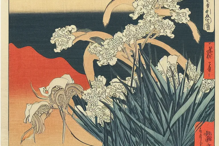 Prompt: an amazing ukiyoe drawing of a poetic scene with irises by katsushika hokusai and utagawa hiroshige, masterpiece, hyperdetailed!!!, intricate, complex, closeup, 4 k