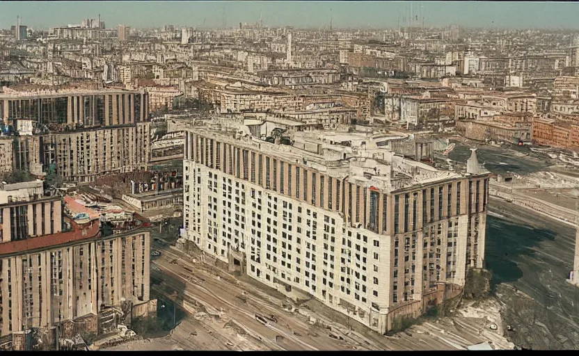 Prompt: high quality 2000s historic footage of soviet boulevard with stanilist style high rise and pedestrians, aerial photo drone, Cinestill 800t movie still, heavy grainy picture, very detailed, high quality, 4k panoramic