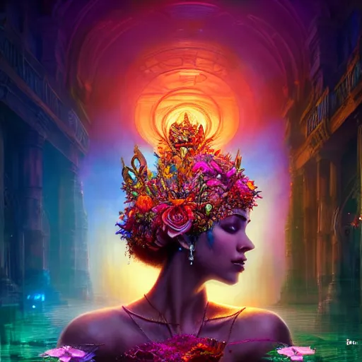 Image similar to Beautiful 3d render of the flower queen goddess in a sensual pose, atmospheric lighting, painted, intricate, volumetric lighting, beautiful, rich deep colours masterpiece, sharp focus, ultra detailed, in the style of Dan Mumford and marc simonetti, with a crowded futuristic cyberpunk city in the background, astrophotgraphy