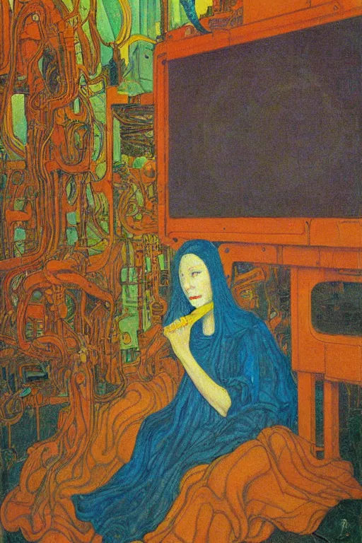 Image similar to realistic portrait of an engineer woman fixing the samsara holy cluster, fine portrait, concept art, stunning, visionary, dimmed palette, by brecht evens, by jean delville, by francis bacon