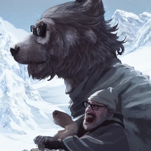 Prompt: a portrait of George R.R. Martin as Jon Snow wearing glasses and a George R.R. Martin petting a Dire Wolf by his side, ambient lighting, 4k, anime key visual, lois van baarle, ilya kuvshinov, rossdraws, craig mullins, artstation