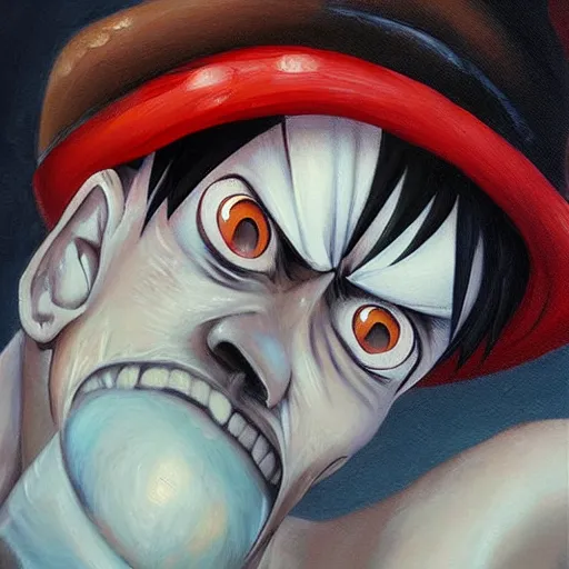 Prompt: Monkey D. Luffy oil painting masterpiece, featured on ArtGerm
