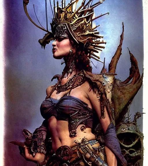 Prompt: empress of the wasteland, scrap metal headdress, strong line, deep color, high contrast, beautiful! coherent! by brian froud, by frank frazetta, low angle