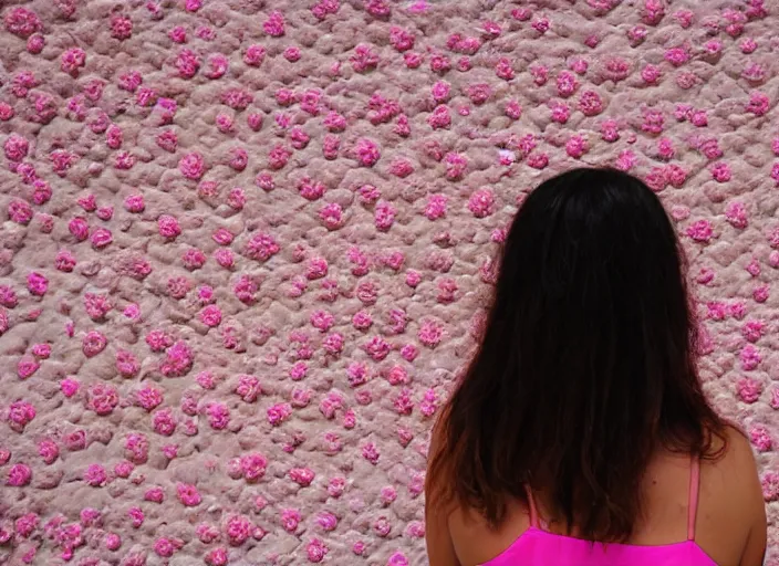 Image similar to photography, close-up of the back of a woman\'s head with interwoven flowers in center against a pink wall, daylight, 35mm