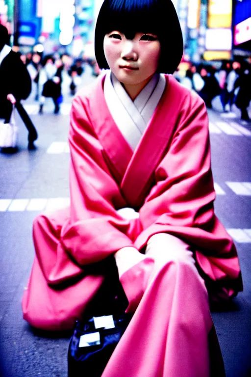 Image similar to dynamic street photography portrait of a pretty and beautiful japanese woman sitting at shibuya crossing, shot on cinestill 5 0 d with a 3 5 mm lens aperture f / 5. 6, dynamic composition, close up, full frame, full res sharp focus, realistic